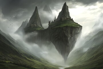 Mystical floating islands with ancient castle