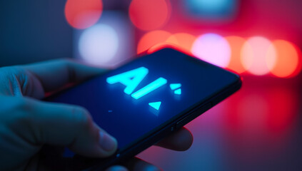 smartphone in hand with the inscription AI close-up