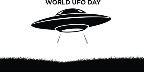 Fototapeta premium A black and white illustration of a ufo hovering over a field with world ufo day text above it