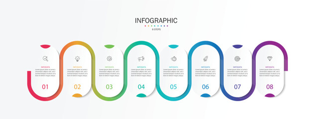 Infographic line curve. Timeline 8 Key Points. Business Presentation , Report, Marketing, Timeline and Planning. Vector Illustration.