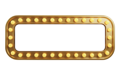 3d retro gold signboard with glowing yellow light bulb . Concept of billboard design for cinema, casino, marquee or nightclub . 3d high quality render, golden frame for las vegas celebrity 