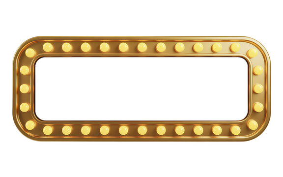 3d retro gold signboard with glowing yellow light bulb . Concept of billboard design for cinema, casino, marquee or nightclub . 3d high quality render, golden frame for las vegas celebrity 