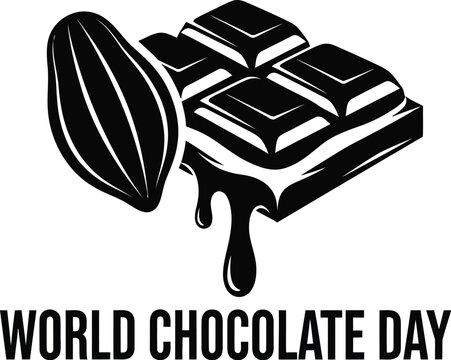 A black and white graphic for world chocolate day with a chocolate bar and a cocoa bean icon