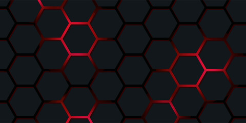Abstract futuristic dark Metallic Hexagons with Glowing red light, 3D Rendering. vector illustration