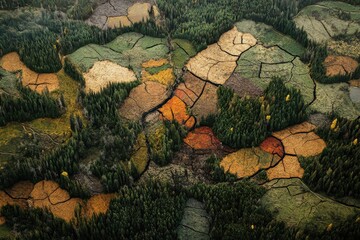 Fototapeta premium Aerial view of autumnal forest and wetlands