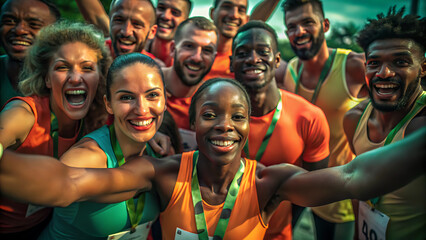 A diverse group of happy runners celebrates their victory after a race