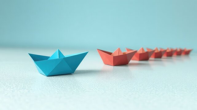 Boldly navigating unchartered waters A vibrant blue paper boat leads the way ahead of a line of less distinguished red vessels