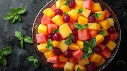 Fresh mixed fruit salad with watermelon, mango, melon, berries, and mint leaves in a glass bowl, healthy and colorful summer fruit dish