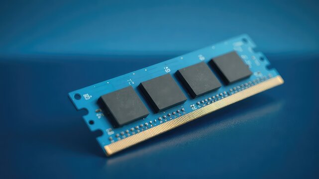 Closeup of a blue computer memory module with four black chips, showcasing technological hardware and digital information