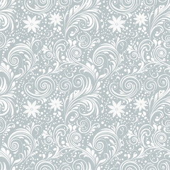 Elegant Seamless Floral Pattern: White Damask Design On Grey Background, Vintage Wallpaper Texture