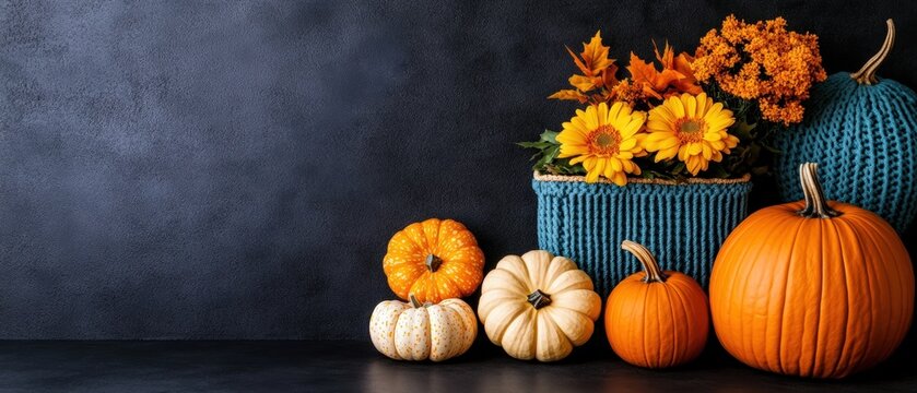 Vibrant autumn harvest display with colorful pumpkins bright yellow sunflowers and decorative gourds on dark backdrop