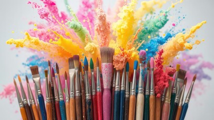 Obraz premium An Array of Diverse Paintbrushes Exploding with Vibrant Colors, a Celebration of Artistic Expression and Creative Inspiration