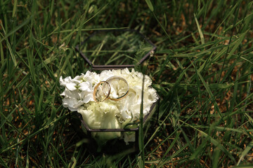 Wedding rings rest elegantly on white flowers in a glass box, placed on lush green grass. This image captures the essence of love and commitment in a natural setting.
