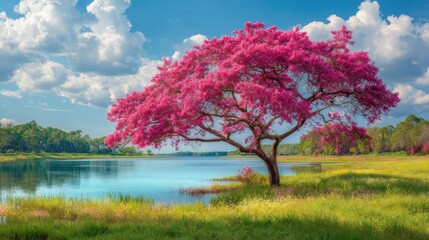 Premium photo of vibrant pink tree in a lush green field by a calm lake under a blue sky with fluffy clouds.