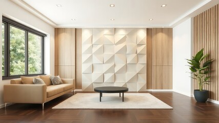 A spacious lounge area displaying minimalistic furnishing, balanced textures and a stunning geometric pattern wall