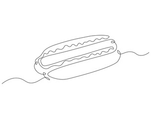 Hot dog continuous line. Continuous one line drawing of hot dog. American, fast food concept. Single line drawing
