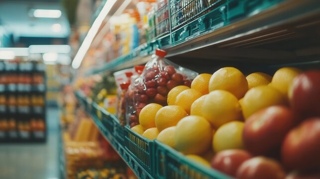 Grocery Store Aisle with Fresh Produce and Packaged Goods