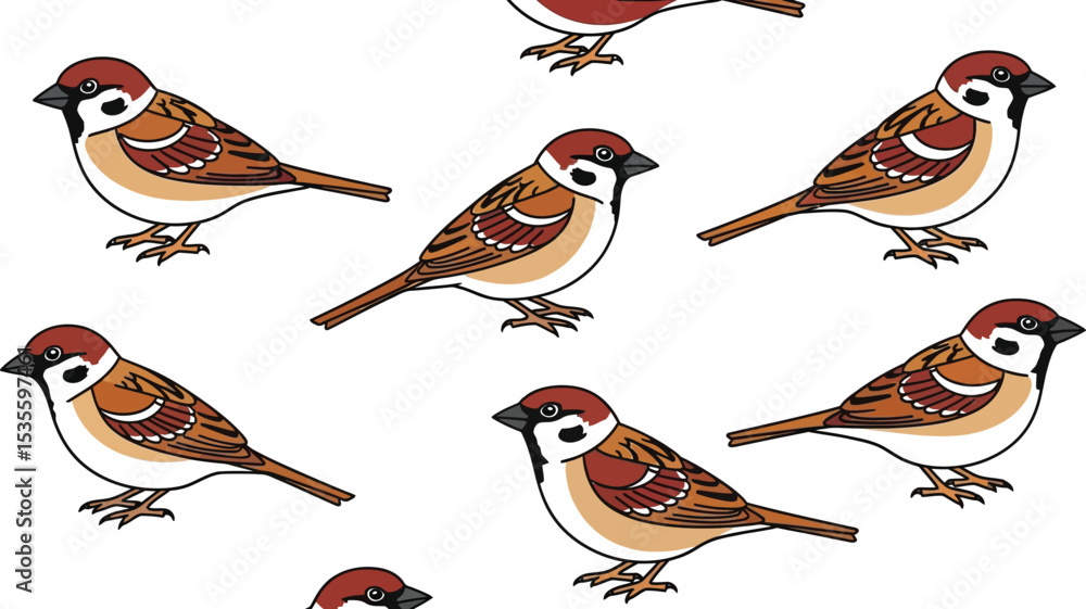 Poster a repeating pattern of cartoon sparrows with brown heads and wings on a plain white background desig