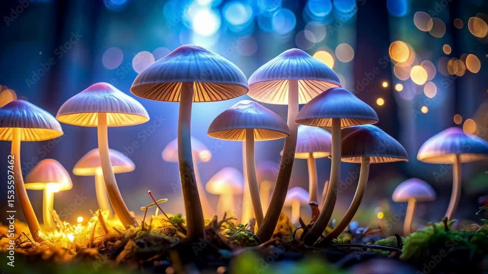 Aufkleber illuminated mushrooms glowing under forest canopy with sparkling lights creating fantasy fairytale s