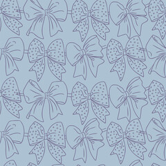Seamless pattern of hand-drawn bows with polka dots and ribbons on light blue background. Concept reflects elegance, femininity and decorative textile design