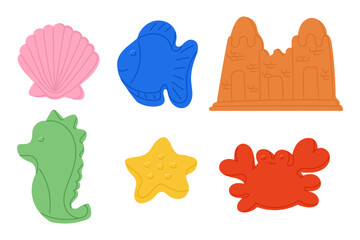 Fototapeta premium Colorful set of kids beach toys including shell, fish, crab, star, seahorse and sandcastle shapes. Concept evokes summer playtime, seaside fun and childhood creativity