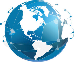 A 3D isometric vector icon of a globe connected by network nodes. Represents global business, digital connectivity, and technology.