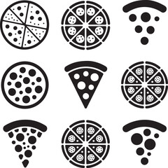 Pizza slice silhouettes icons vector set. Black silhouettes of Pizza slice. Delicious pizza slice silhouettes vector. Stylized pizza slices vector illustrations