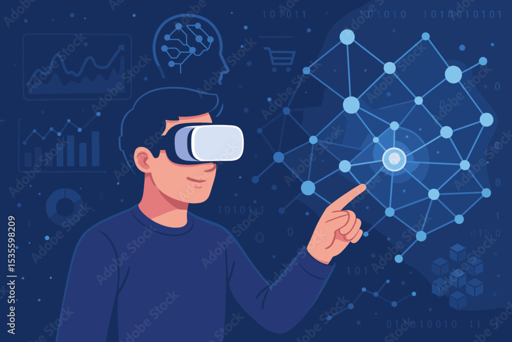 Aufkleber man in vr headset interacts with futuristic digital interface. concept for metaverse, data analytics