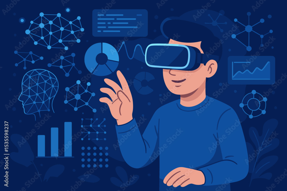 Poster man in vr glasses analyzing data in metaverse. futuristic technology for business marketing and fina