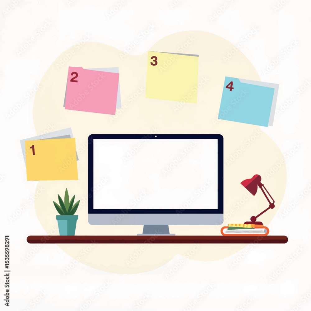 Poster organized workspace with task cards and computer, enhancing productivity