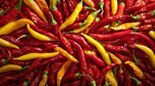 A vibrant arrangement of red and yellow chili peppers creating a colorful, circular pattern.