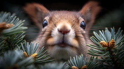 Close-up portrait of an adorable red squirrel peeking curiously from behind a branch, with a softly blurred natural forest background, capturing the lively and charming nature of wildlife

