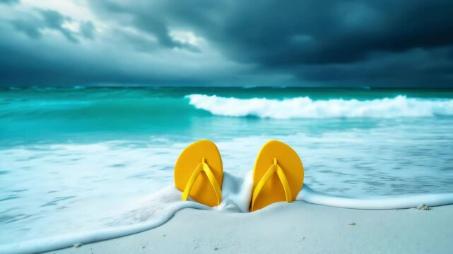 Relaxing at the beach with yellow flip flops and waves crashing under a moody sky