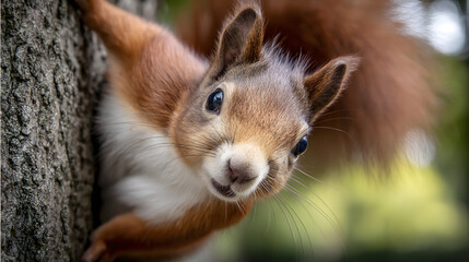 Close-up portrait of an adorable red squirrel peeking curiously from behind a branch, with a softly blurred natural forest background, capturing the lively and charming nature of wildlife
