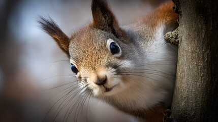 Close-up portrait of an adorable red squirrel peeking curiously from behind a branch, with a softly blurred natural forest background, capturing the lively and charming nature of wildlife
