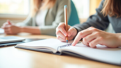 close-up of a student's hands being written down in a notebook