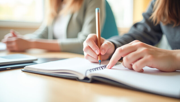 close-up of a student's hands being written down in a notebook
