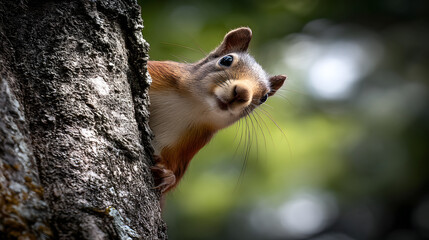 Close-up portrait of an adorable red squirrel peeking curiously from behind a branch, with a softly blurred natural forest background, capturing the lively and charming nature of wildlife
