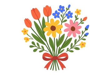 Colorful spring flower bouquet illustration. Vector graphic of blooming tulips and daisies with red ribbon bow. Floral arrangement for greeting cards, Mother's Day, and birthdays.