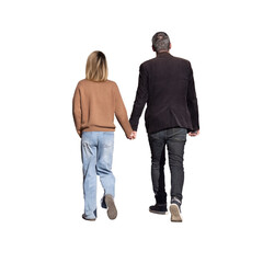 Couple adulte vu de dos marchant main dans la main en automne, homme en veste foncée et femme en...
