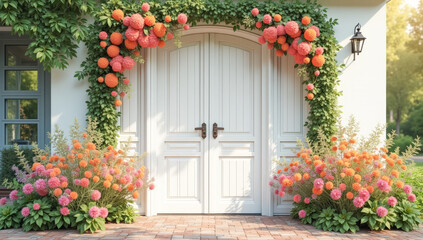 white festive door decorated with flowers