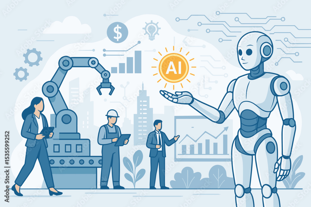 Poster ai integration in business and industry. humanoid robot collaborates with people for manufacturing a