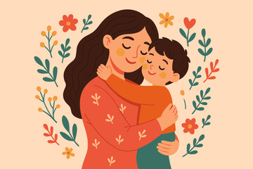 Happy Mother's Day greeting card. Tender vector illustration of a mother hugging her son. Loving family embrace showing maternal love and care. Cute flat cartoon with flowers.