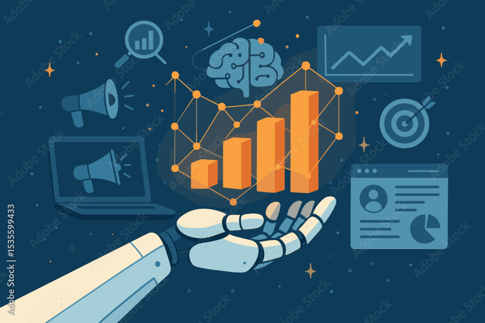 Poster ai robot hand analyzing business data chart for growth. concept of digital marketing automation, big