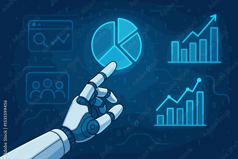 Poster robot hand analyzing business data on virtual screen. ai technology for marketing analytics, financi