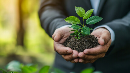 A person in a suit holding a small plant with green leaves and soil in their hands outdoors