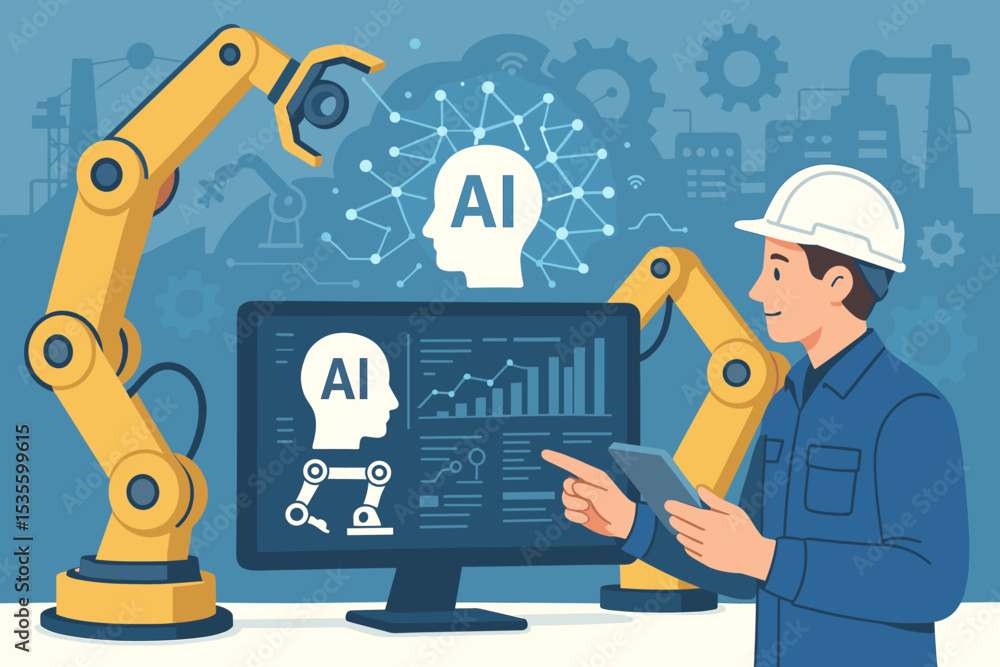 Poster smart factory and industry 4.0 concept. engineer controls robotic arms using ai and tablet. industri