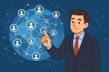 Global business connection concept. Businessman pointing at worldwide social network on a virtual screen. International teamwork and communication technology vector illustration.
