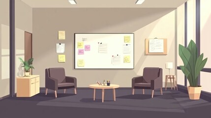 Modern office interior featuring a cozy seating area with a whiteboard, plants, and natural lighting for creative brainstorming sessions