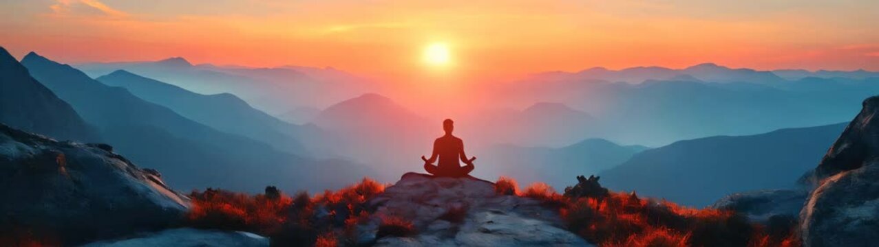 Man sitting on a rock looking at the sunset peaceful meditation in nature